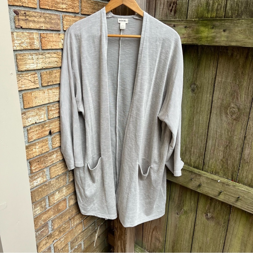 DONNI. Light Gray Striped Open-Front Cardigan